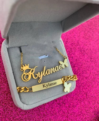 Custom Crown Butterfly Name Necklace Bracelet