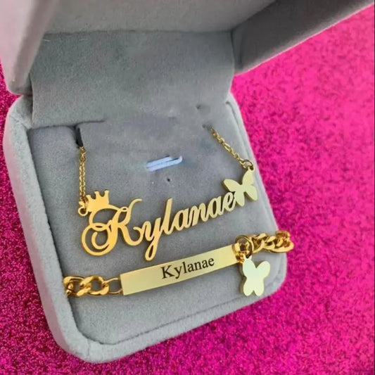 Custom Crown Butterfly Name Necklace Bracelet