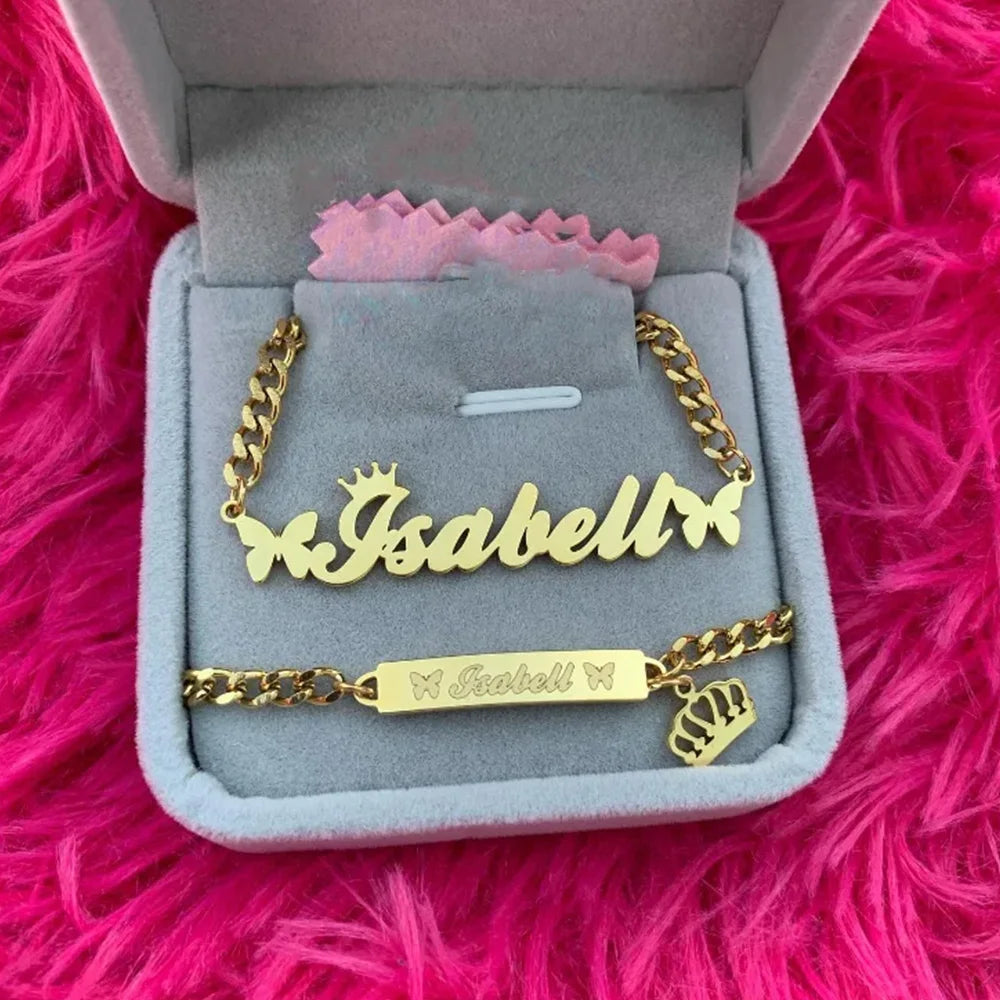 Custom Crown Butterfly Name Necklace Bracelet