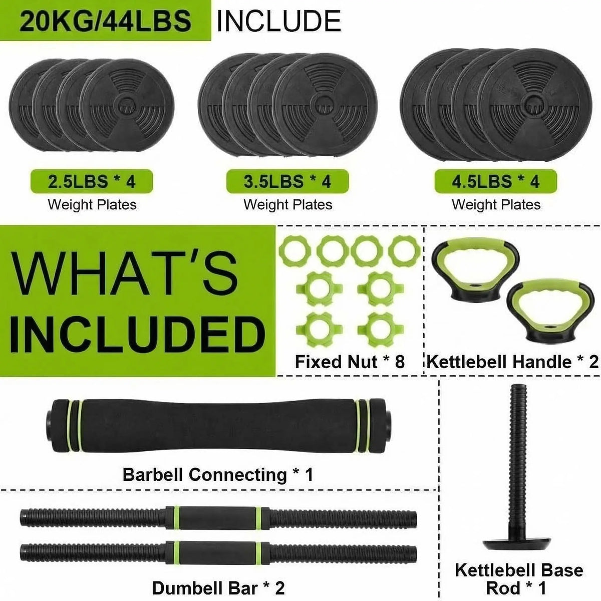 Adjustable Weight Set 44 Lbs, 4-in-1 Dumbbell Set