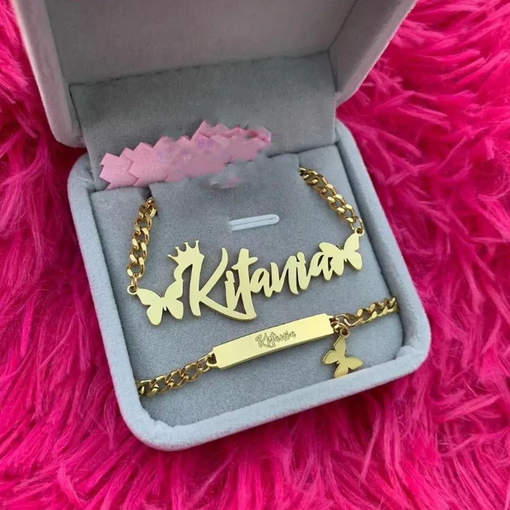 Custom Crown Butterfly Name Necklace Bracelet
