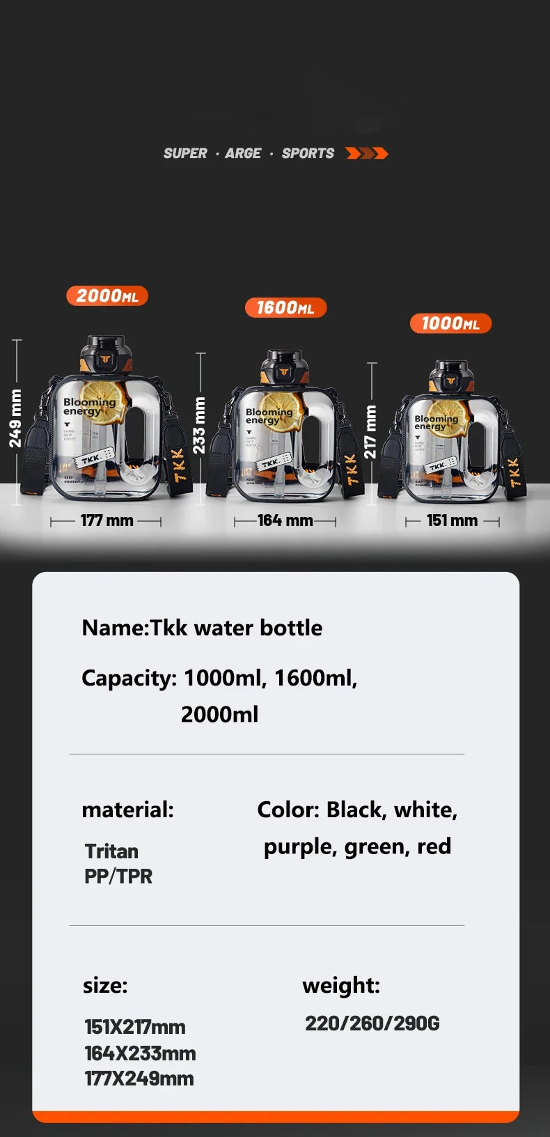 TKK 1/1.6/2L Sports Water Bottle TRITAN Large Capacity